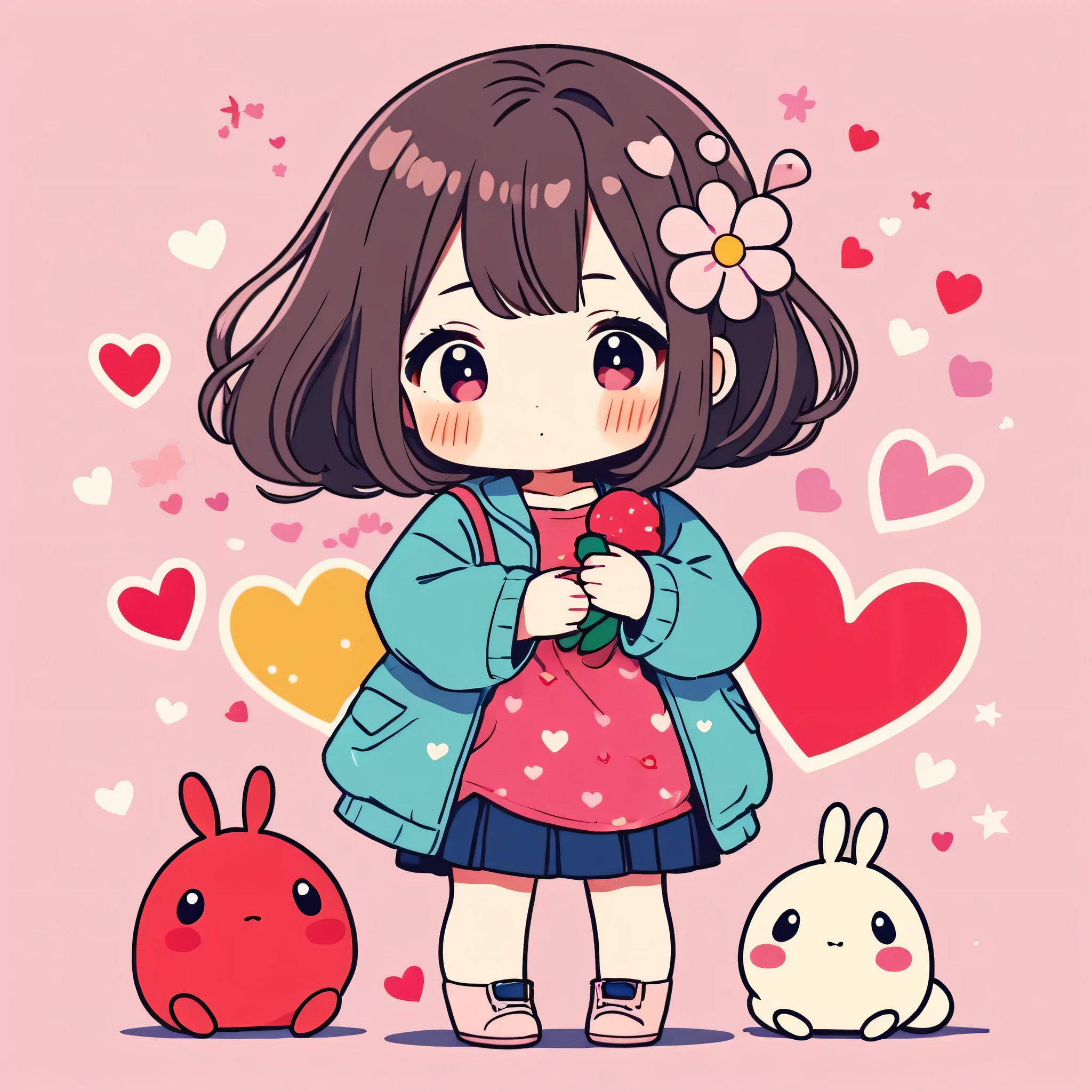 Momoko Sakura colorful style, Simple Line Initialism,Abstract art,Kawaii Design, The most beautiful girl of all time、chibi, (((Hug chibi))), (((Cute pillbugs))), colorful hearts, summer version,