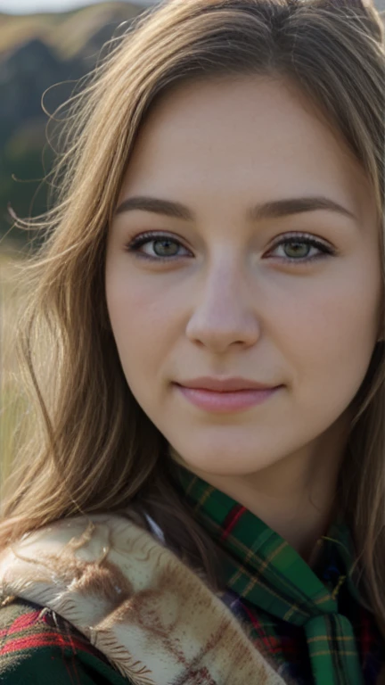 Front view, (looking at viewer:1.3), Scottish girl, 18 years-old, (blond hair , blew eye, middle hair, smile ),A beautiful Scottish woman wearing traditional Highland dress, including a tartan kilt and accessories like a sporran and sash, standing in a picturesque Scottish landscape. The scene should highlight the elegance and cultural richness of Scottish heritage,super detail, high details, high quality, accurate, anatomically correct, textured skin, beautiful fingers super detail, high details, high quality, best quality