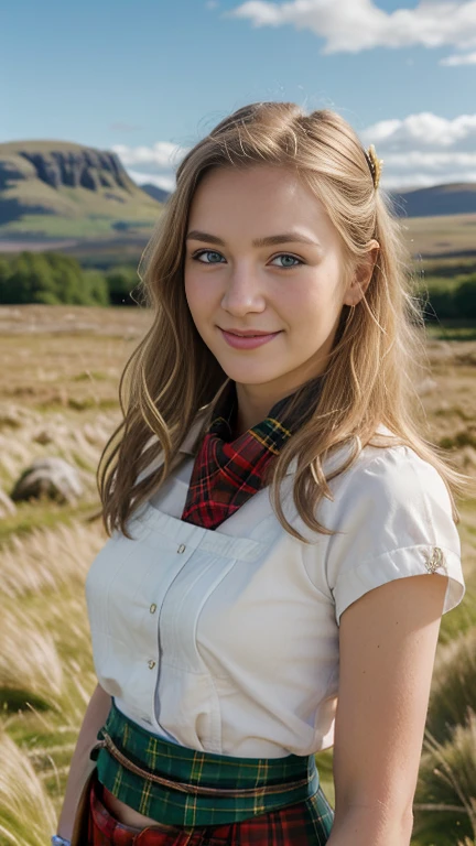 Front view, (looking at viewer:1.3), Scottish girl, 18 years-old, (blond hair , blew eye, middle hair, smile ),A beautiful Scottish woman wearing traditional Highland dress, including a tartan kilt and accessories like a sporran and sash, standing in a picturesque Scottish landscape. The scene should highlight the elegance and cultural richness of Scottish heritage,super detail, high details, high quality, accurate, anatomically correct, textured skin, beautiful fingers super detail, high details, high quality, best quality