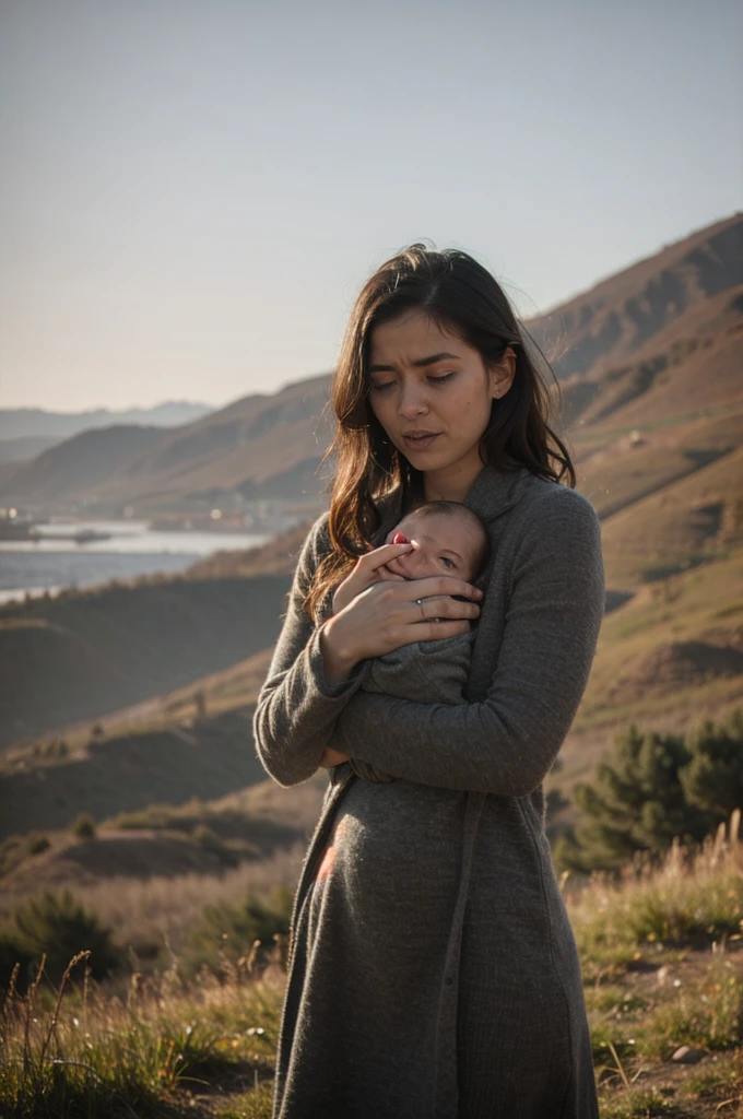 (YES SFW), A brown-skinned woman finds herself fused with a mountain, creating a surreal and emotional scene. The woman, covered with a multicolored mantle of the earth, cries copiously while holding a newborn baby in her arms. The baby also cries, obviously starving since he can't suck his mother's milk.
Woman's body blends seamlessly into the mountainous backdrop, creating a powerful and poignant image. Her tears stream down her face, mixing with the earthy hues of the landscape. The baby, wracked with sobs, reaches towards her breast, symbolizing the deep yearning for nourishment and connection that exists between mother and .
The colors used in the painting reflect the rich tones of the earth, with shades of brown, green, and blue evoking the natural world. The woman's coat is painted in bold, swirling patterns, mirroring the dynamic energy of the landscape. The overall effect is one of intense passion and sorrow, capturing the raw emotion of a mother's love for her.
compositing: The composition of the painting is designed to create a sense of movement and energy, with the woman's body curving forward, as if suspended in the air. The baby is in the center of the image, surrounded by the Woman's arms, who hugs him tightly. The mountain stretches behind them, soft and undulating, like a great snake protecting them.
Lighting: The lighting of the scene is designed to highlight the texture and shape of the woman's body and the mountain. Dynamic lights and shadows create an effect of movement and energy, as if the scene was animated by the passion and pain of the woman.