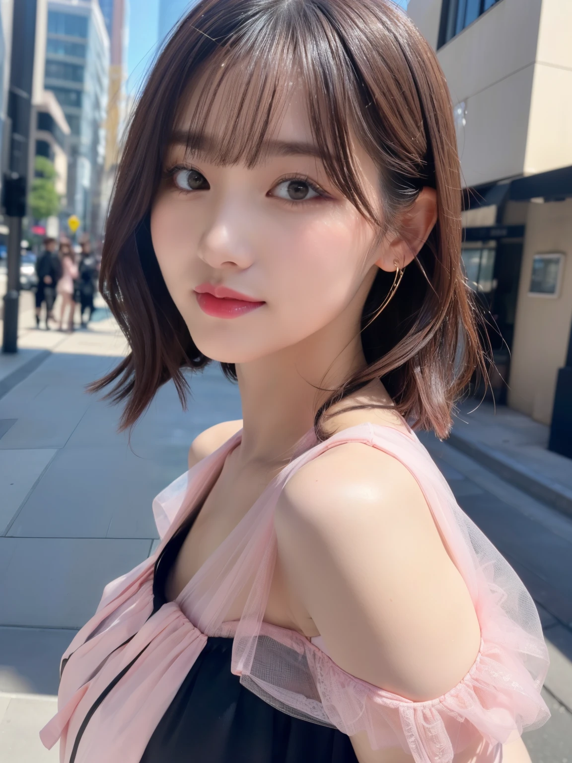 (RAW Photos, highest quality), (Realistic, Photorealistic:1.3), (Masterpiece), (Highest quality), High resolution, 8K resolution, (Intricate details), (Volumetric Light), Portraiture, woman, 30 years old, Medium Hair, Layered Hair, Brown Hair, Highly detailed eyes, Source order, Very thin eyebrows, Highly detailed skin, Highly detailed mouth, Highly detailed nose, Cute like an idol, Slender body, smile, ((Pink lipstick)), ((Look at the viewers)), (An elegant and transparent Black see-through short-sleeved dress :1.2), ((Random Body Orientation)), Sunny day cityscape background, Face looking at camera,