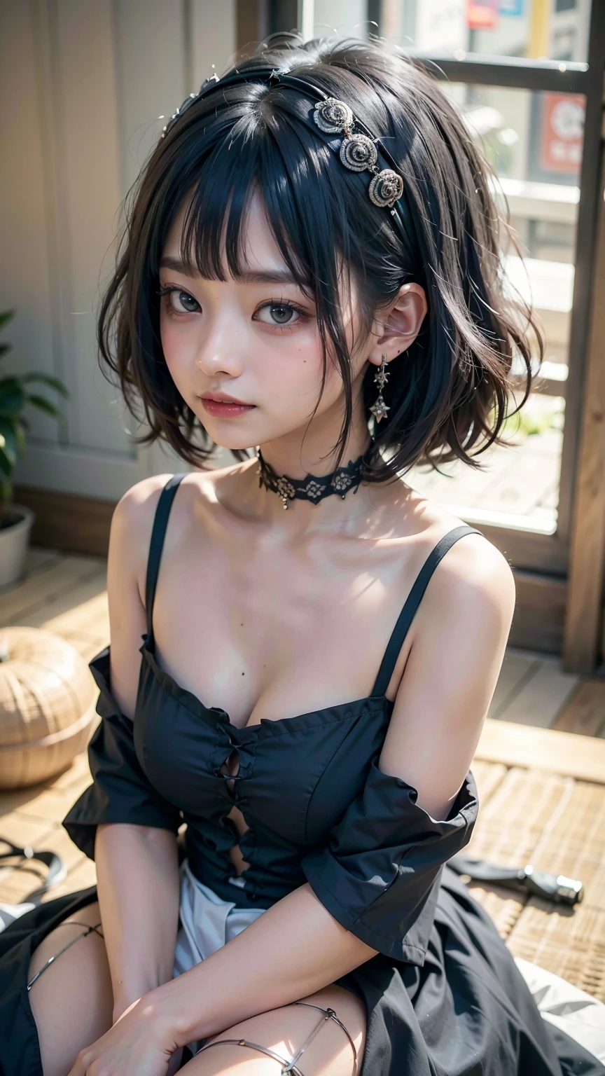 Surreal、A masterpiece of delicate and detailed line drawing、Highest quality、Highest quality、(One Woman、、(Big Breasts:1.3), (Big Ass:1.3)、(Black Hair、Hime cut, short hair:1.2)、(Natural Makeup、Eyelash extensions、Draw eyelashes sharply、Eyebrows are thin and short、Deep orange blush:1.1)、(Spaced out、Looks sleepy、Open your mouth、Slightly red cheeks:1.2)、(Simple black hair accessories、Gothic dress with exposed chest:1.3))、Dark Rose Gardens、Purple Rose、(Blur the background:1.3)、(Top view of the subject:1.1)、Photo from thigh up