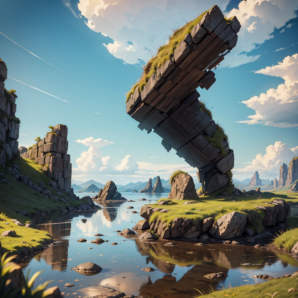 large rusty cylindrical piece on a rocky area with grass, puddles, Stones, beautiful sky and rocks in the distance, post apocalypse