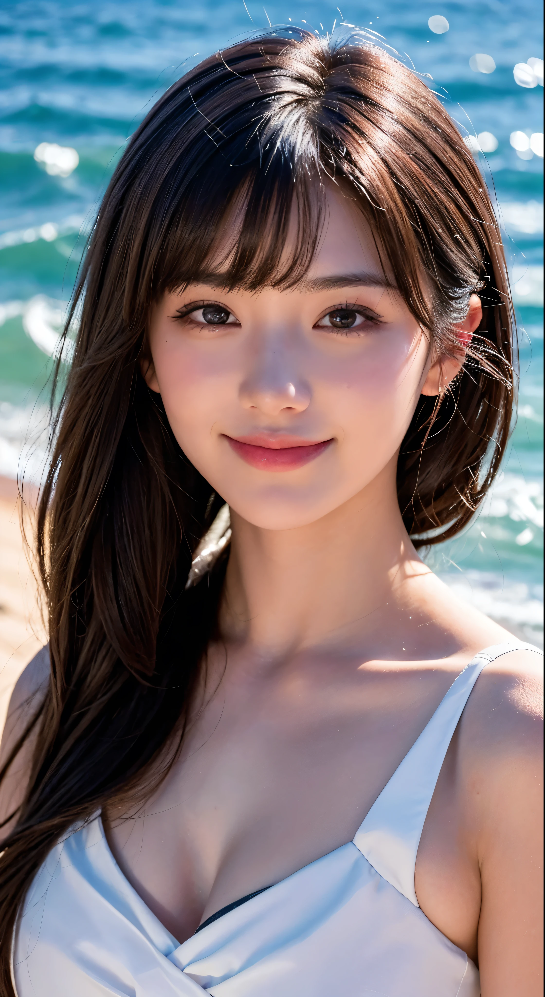 Best Quality, Masterpiece, Ultra High Resolution, (Film Grain: 1.4), Digital Photography, Bangs, Film Lighting, (Fuji Color: 1.2) Portrait,, 1 girl, solo, facing the audience, smiling, (face close-up), clear pores, looking at the audience, ocean background (realistic: 1.2)