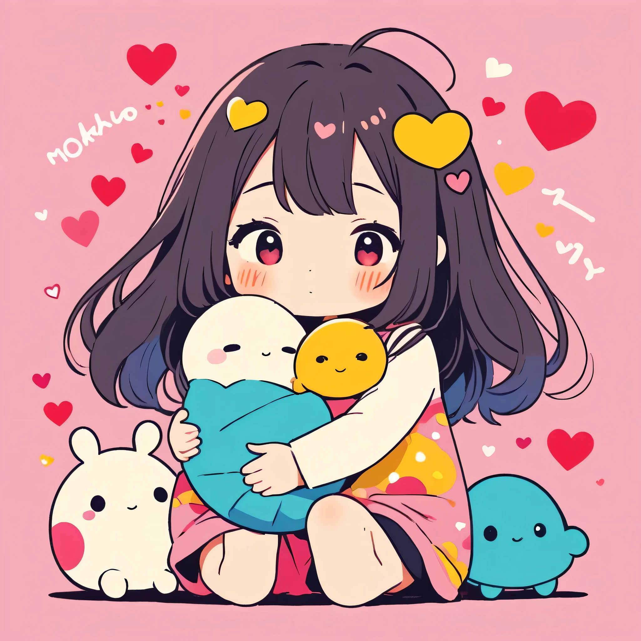 Momoko Sakura colorful style, Simple Line Initialism,Abstract art,Kawaii Design, The most beautiful girl of all time、chibi, (((Hug pillbug))), (((Cute pillbugs))), colorful hearts, summer version,