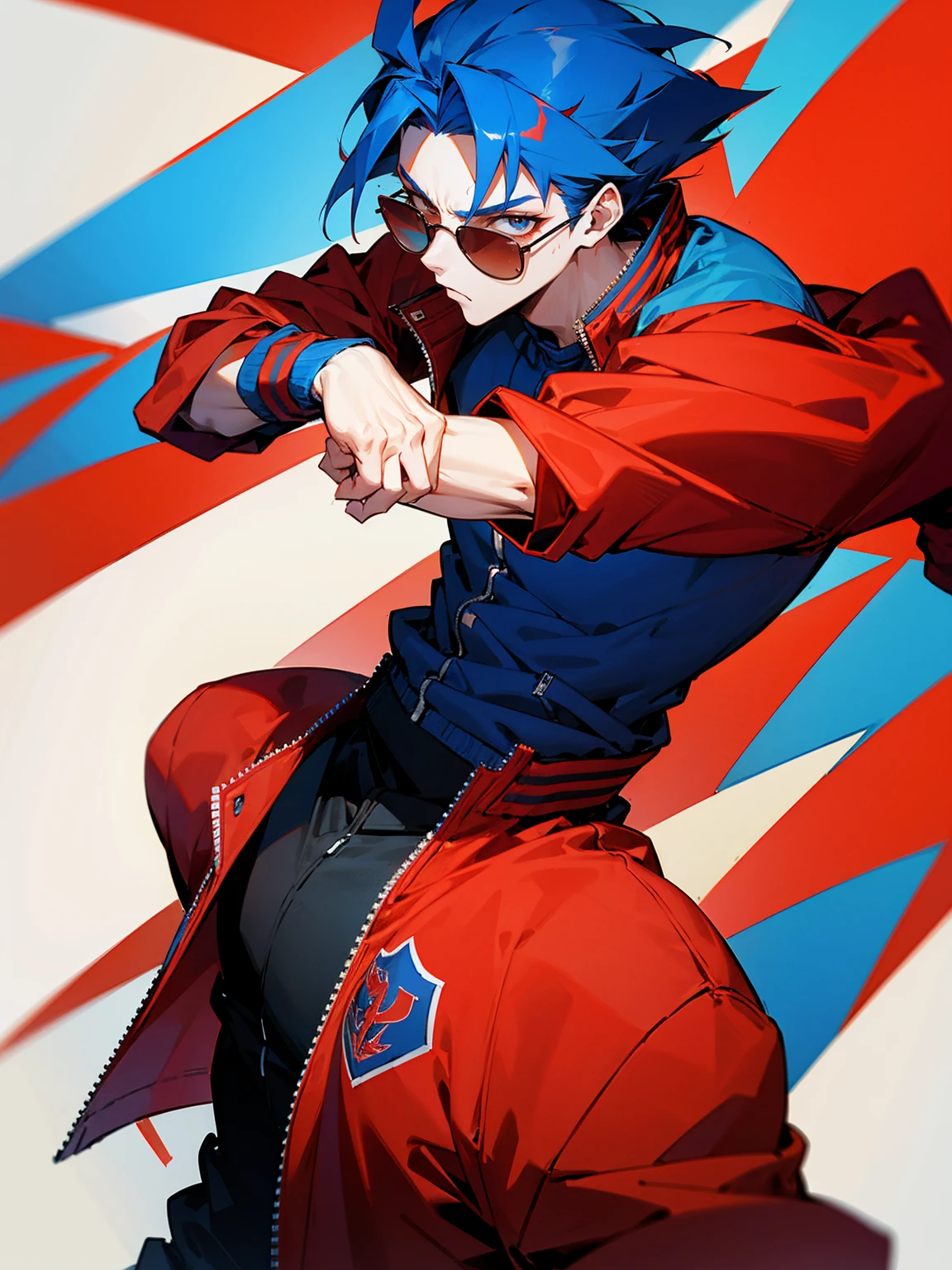 1male, adult, red and blue hair, two toned hair, red and blue varsity jacket, black sweatpants, serious, lean build, red sunglasses