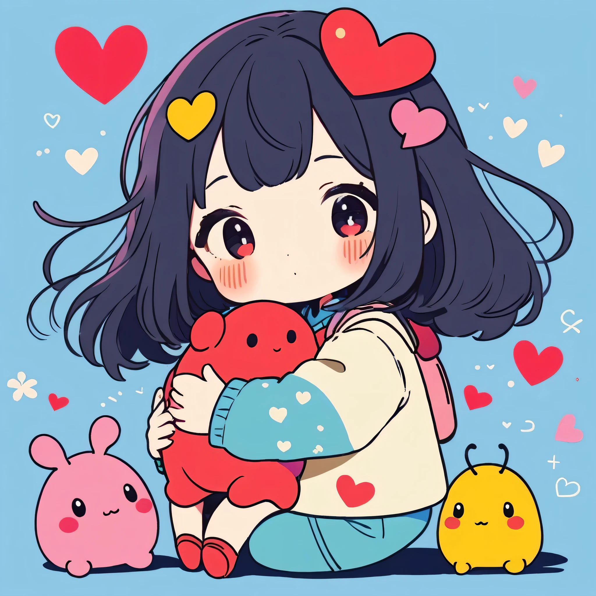 Momoko Sakura colorful style, Simple Line Initialism,Abstract art,Kawaii Design, The most beautiful girl of all time、chibi, (((Hug pillbug))), (((Cute pillbugs))), colorful hearts, summer version,