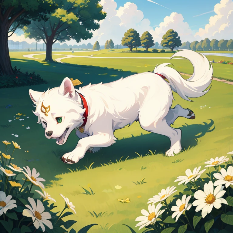 Masterpiece, best quality, high quality, Maltese puppies, outlines, Green eyes, vector, Brown outline, in the park, flowers on the ground, walking, sunny day, clouds on the sky 