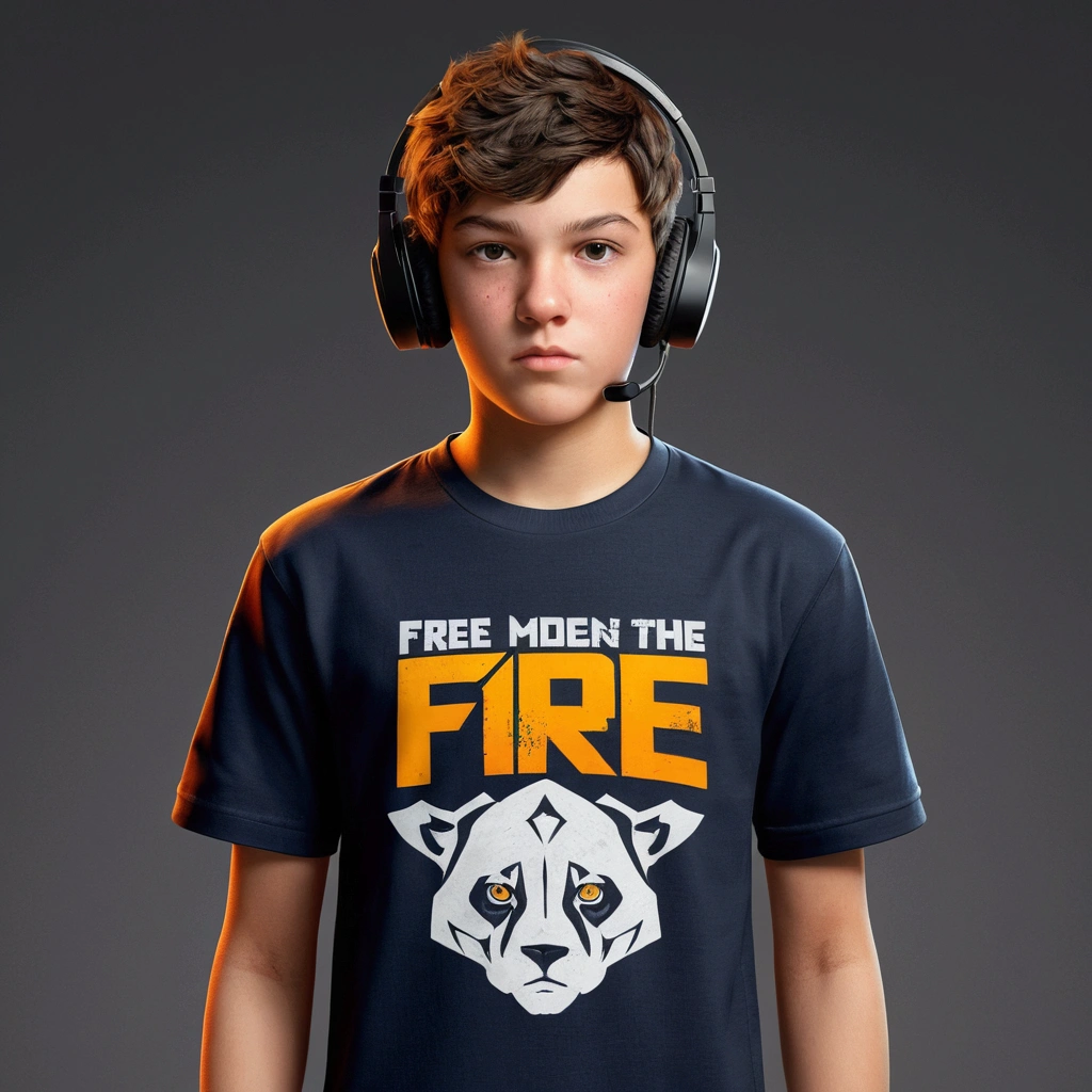 Generate a realistic image of a age boy eSports player standing up. He has short, messy hair, wears a gaming headset with a microphone, and has a focused expression on his face. He’s dressed in a T-shirt with 'FREE FIRE' written on it in bold letters. He should be holding a gaming controller in his hands. The background should be plain white, ensuring the focus remains on the player."