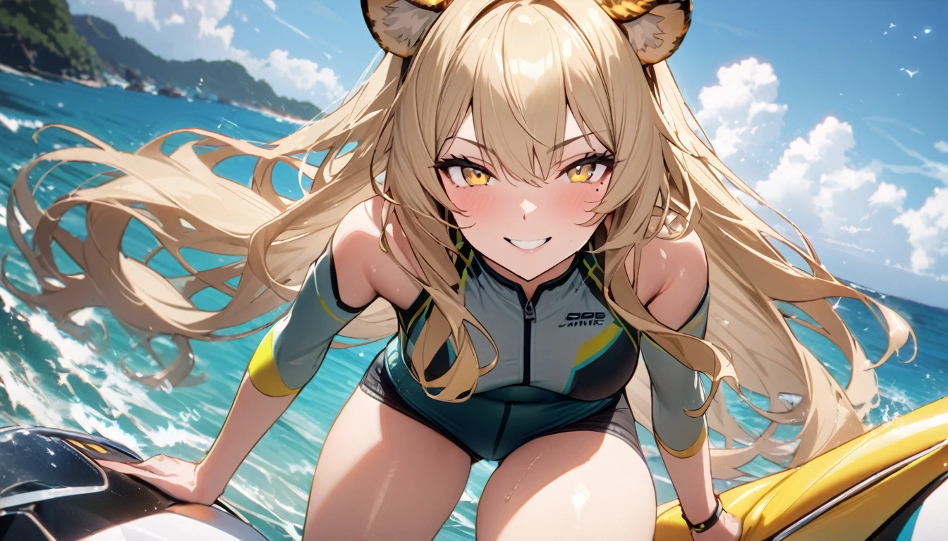 1girl、(((best quality)), ((masterpiece)), (details), masterpiece, best quality, high quality, ulutra detailed, perfect face, ((1girl, blond eyes, tiger ears: 1.3 blond long hair: 2.5,Mole under left eye:2.0))、Shiny Hair、Glowing Skin、Lustful look、ride a water bike、Sense of presence、smile、Rash guard、Shorts swimsuit、Ocean、Ocean上、