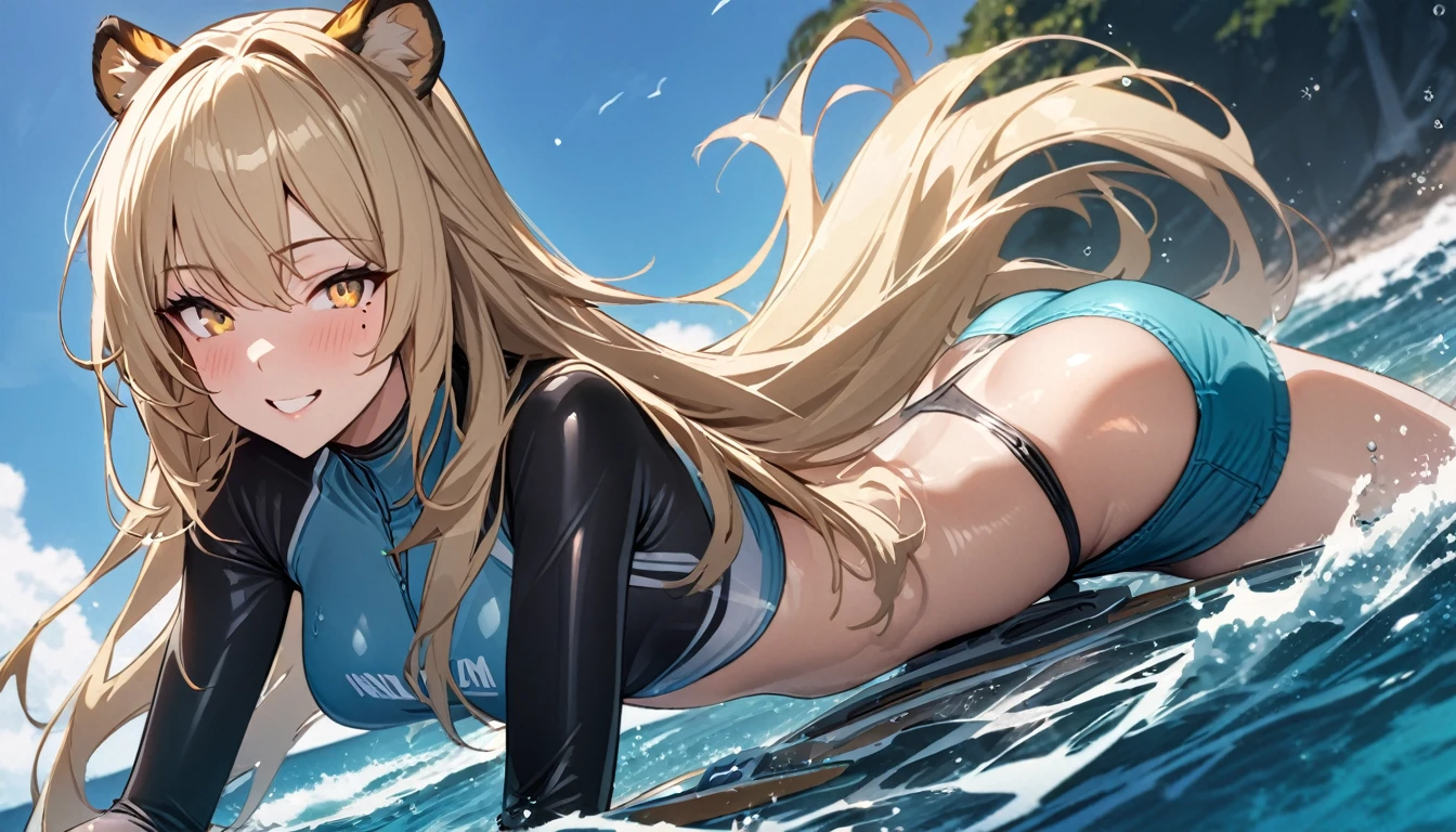 1girl、(((best quality)), ((masterpiece)), (details), masterpiece, best quality, high quality, ulutra detailed, perfect face, ((1girl, blond eyes, tiger ears: 1.3 blond long hair: 2.5,Mole under left eye:2.0))、Shiny Hair、Glowing Skin、Lustful look、ride a water bike、Sense of presence、smile、Rash guard、Shorts swimsuit、Ocean、Ocean上、