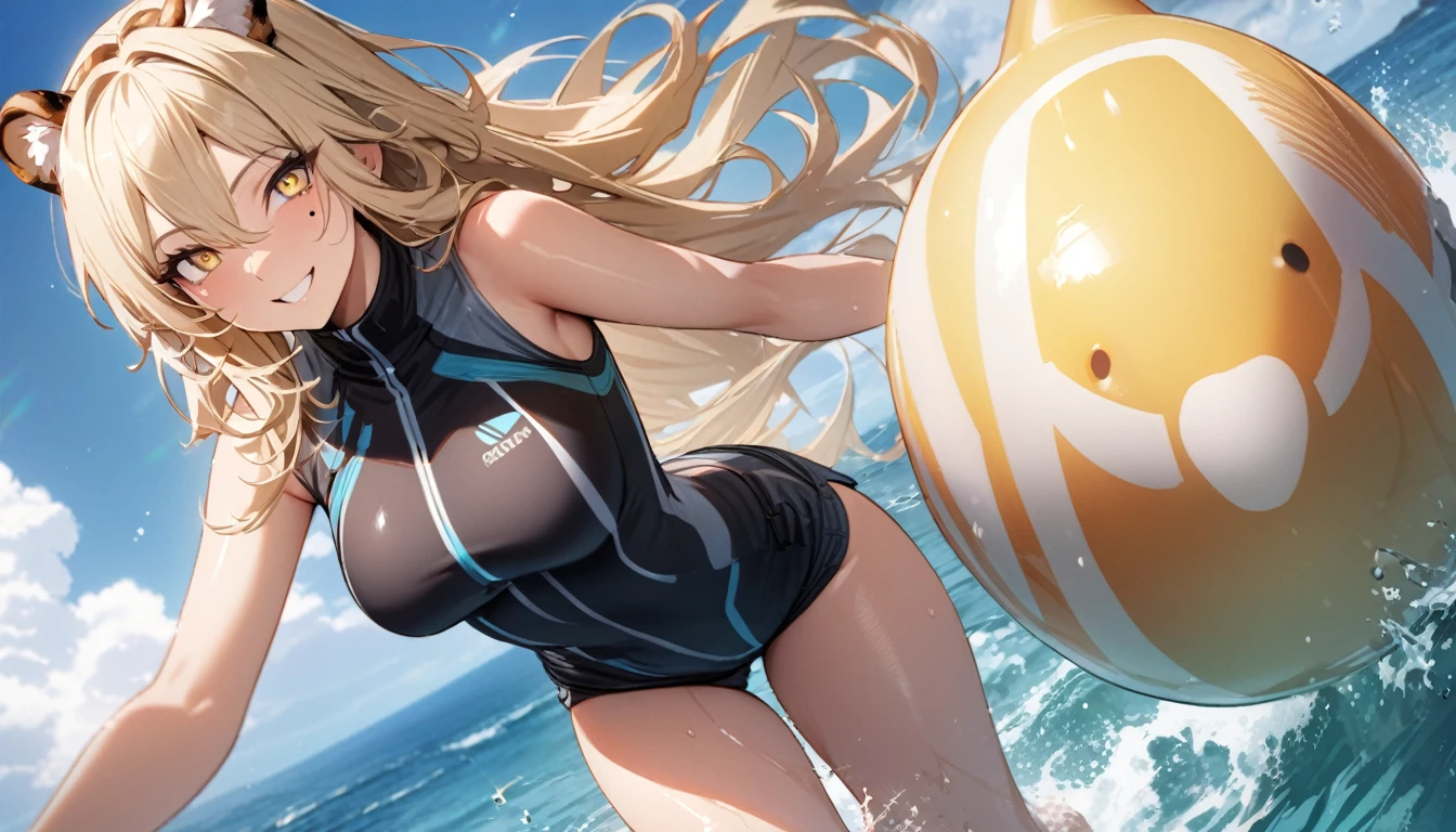 1girl、(((best quality)), ((masterpiece)), (details), masterpiece, best quality, high quality, ulutra detailed, perfect face, ((1girl, blond eyes, tiger ears: 1.3 blond long hair: 2.5,Mole under left eye:2.0))、Shiny Hair、Glowing Skin、Lustful look、ride a water bike、Sense of presence、smile、Rash guard、Shorts swimsuit、Ocean、Ocean上、