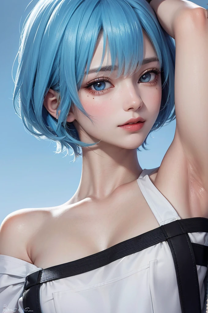 tmasterpiece,best qualtiy,8k,detailed skin textures,Detailed cloth texture,beautifull detailed face,Complicated details,the ultra-detailed,Portrait of Rei Ayanami,blue hairs,red color eyes,pixie cut,Cyan sky background