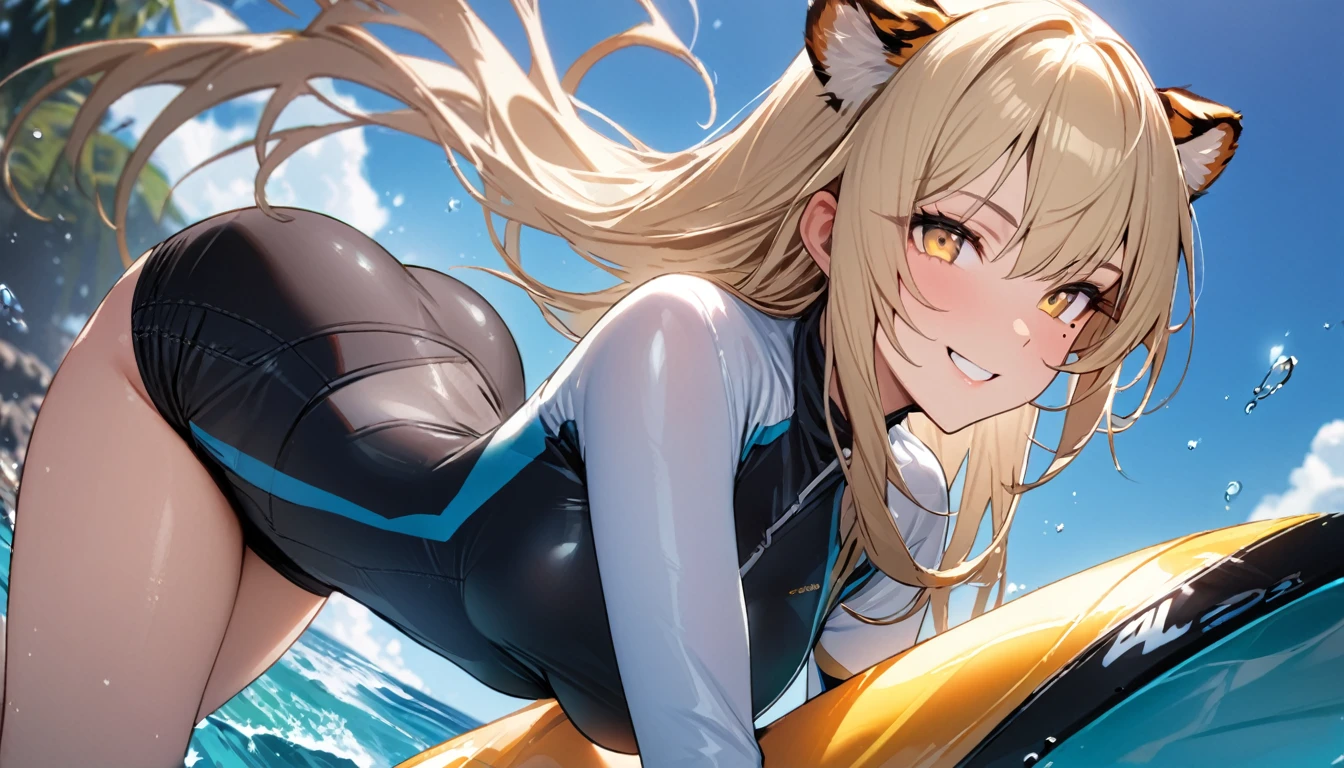 1girl、(((best quality)), ((masterpiece)), (details), masterpiece, best quality, high quality, ulutra detailed, perfect face, ((1girl, blond eyes, tiger ears: 1.3 blond long hair: 2.5,Mole under left eye:2.0))、Shiny Hair、Glowing Skin、Lustful look、Ride a surfboard、surfing、smile、Rash guard、Shorts swimsuit、Ocean、Ocean上、