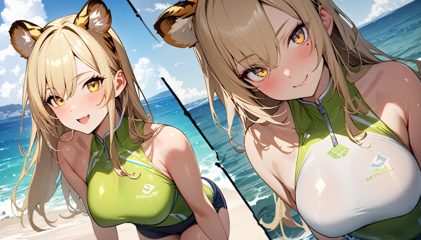 1girl、(((best quality)), ((masterpiece)), (details), masterpiece, best quality, high quality, ulutra detailed, perfect face, ((1girl, blond eyes, tiger ears: 1.3 blond long hair: 2.5,Mole under left eye：2.0))、Shiny Hair、Glowing Skin、Lustful look、ride a water bike、Sense of presence、smile、Rash guard、Shorts swimsuit、Ocean、Ocean上、