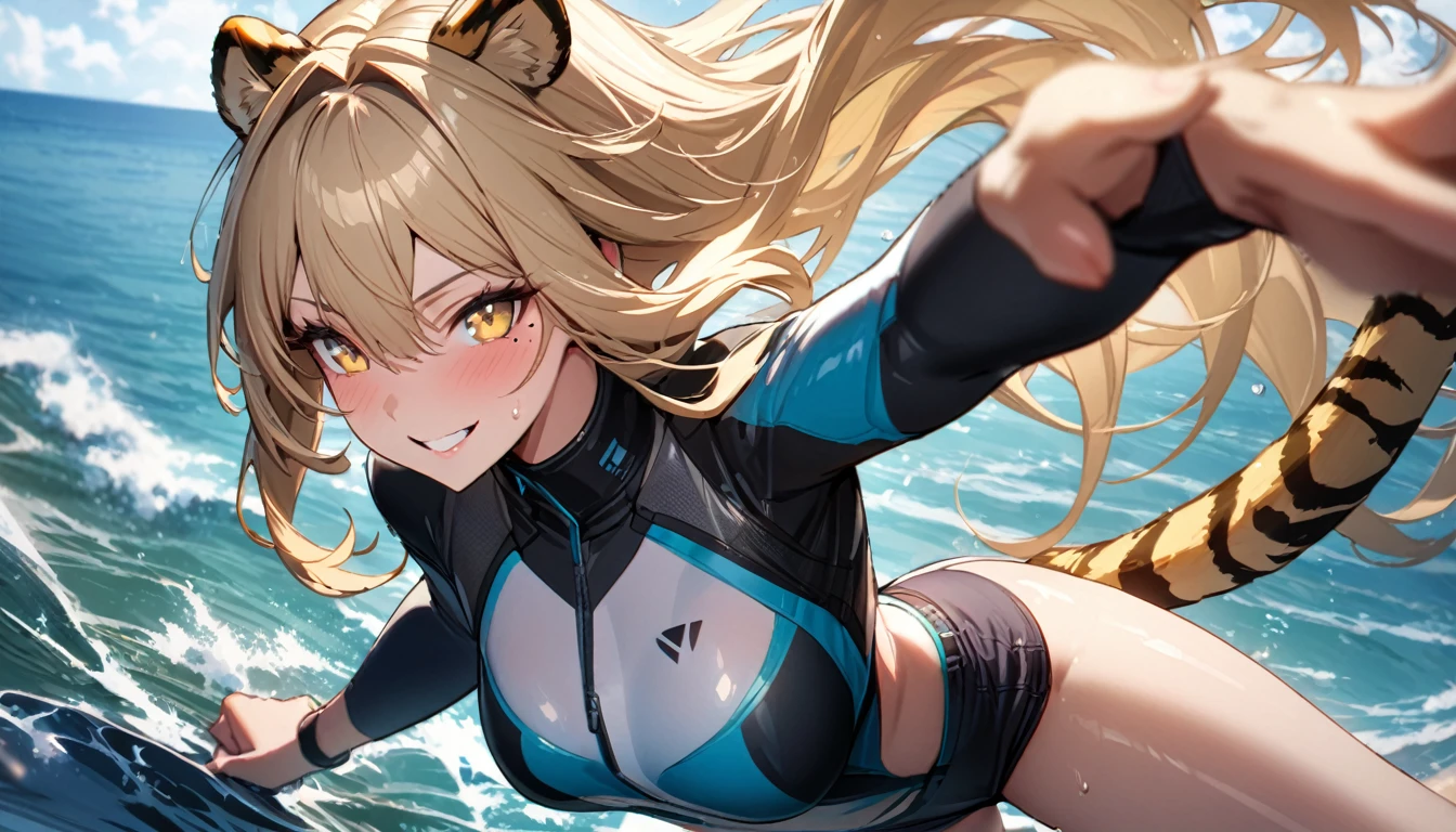 1girl、(((best quality)), ((masterpiece)), (details), masterpiece, best quality, high quality, ulutra detailed, perfect face, ((1girl, blond eyes, tiger ears: 1.3 blond long hair: 2.5,Mole under left eye：2.0))、Shiny Hair、Glowing Skin、Lustful look、Ride a surfboard、surfing、smile、Rash guard、Shorts swimsuit、Ocean、Ocean上、