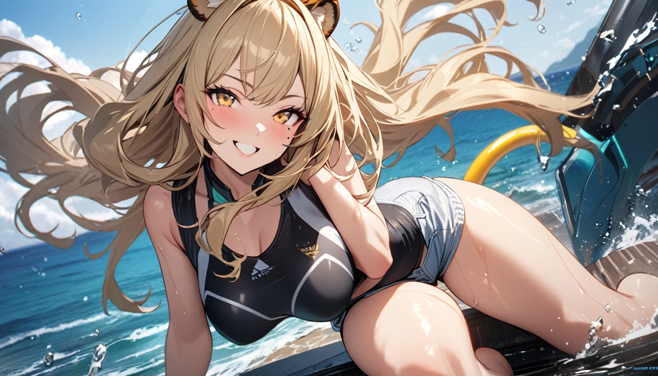 1girl、(((best quality)), ((masterpiece)), (details), masterpiece, best quality, high quality, ulutra detailed, perfect face, ((1girl, blond eyes, tiger ears: 1.3 blond long hair: 2.5,Mole under left eye:2.0))、Shiny Hair、Glowing Skin、Lustful look、ride a water bike、Sense of presence、smile、Rash guard、Shorts swimsuit、Ocean、Ocean上、