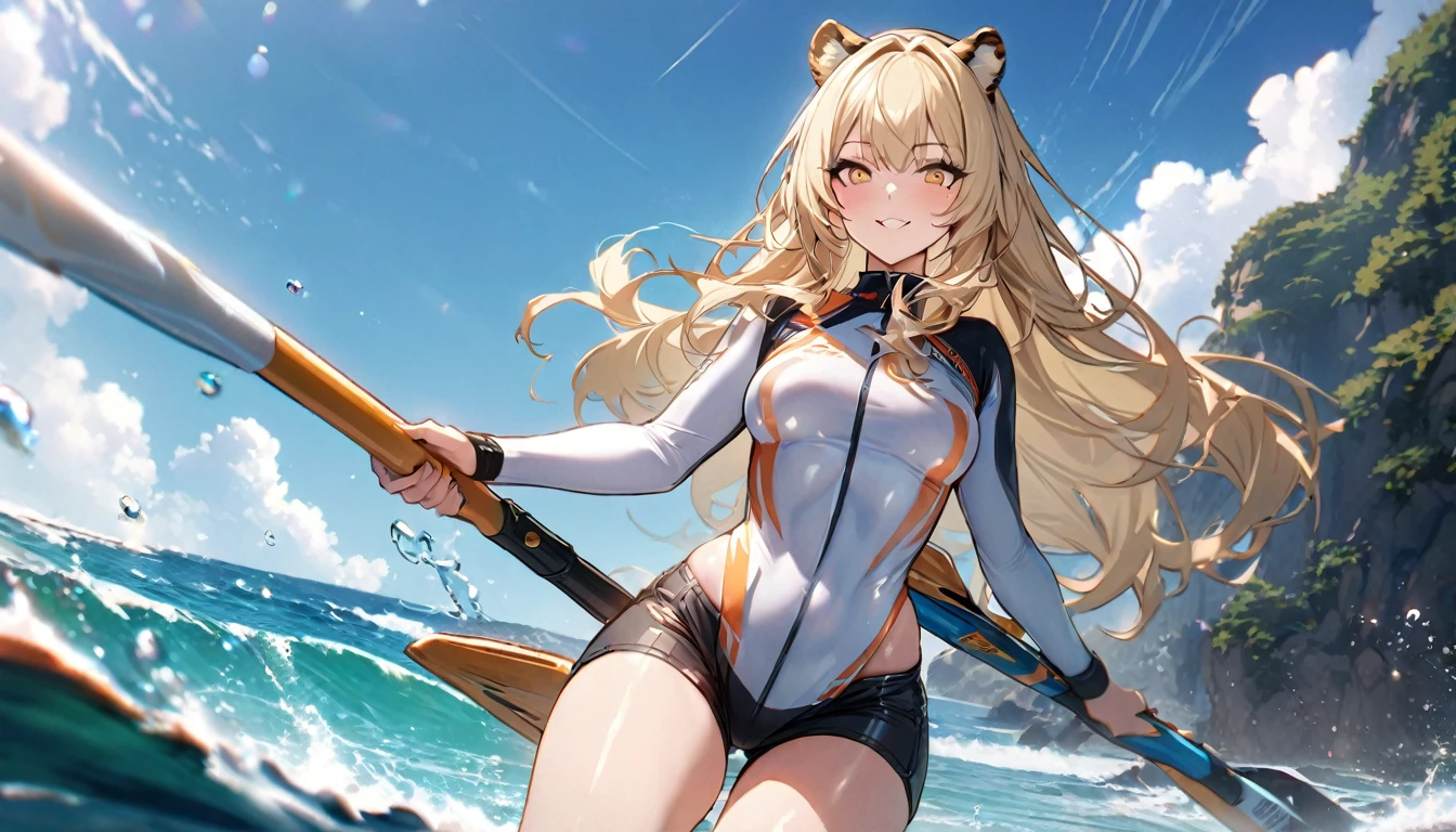 1girl、(((best quality)), ((masterpiece)), (details), masterpiece, best quality, high quality, ulutra detailed, perfect face, ((1girl, blond eyes, tiger ears: 1.3 blond long hair: 2.5,Mole under left eye:2.0))、Shiny Hair、Glowing Skin、Lustful look、ride a water bike、Sense of presence、smile、Rash guard、Shorts swimsuit、Ocean、Ocean上、