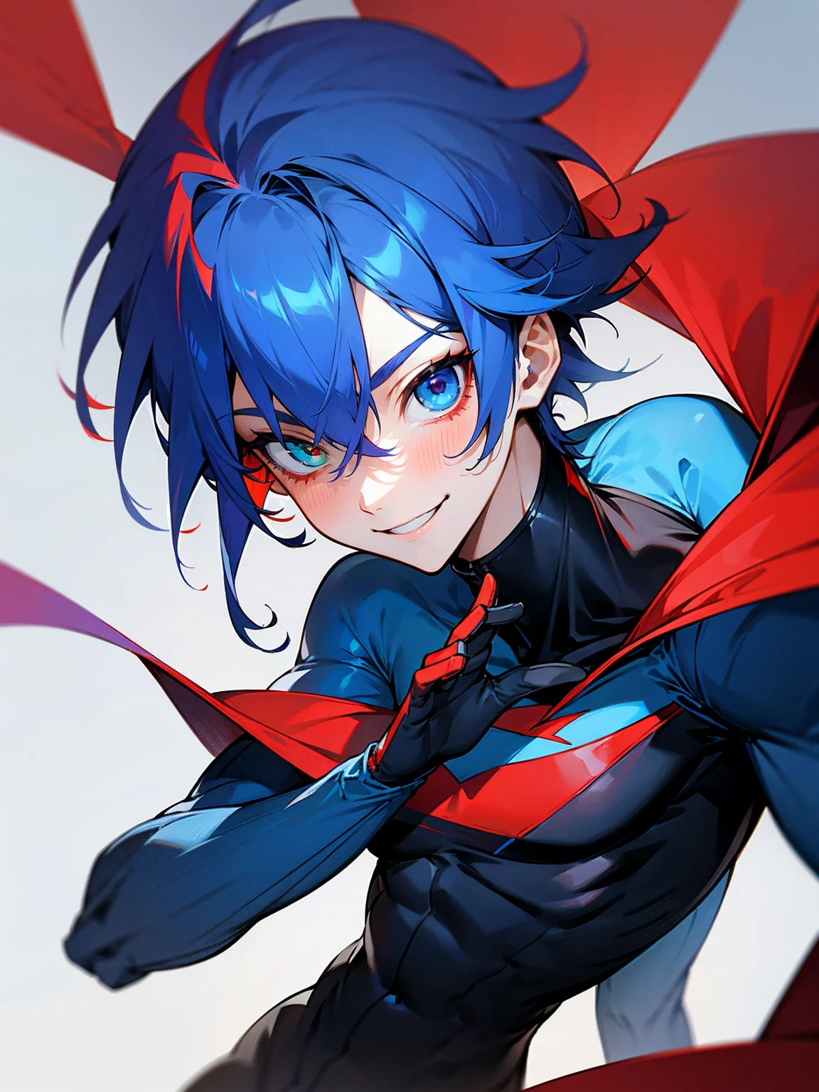 1male, adult, red and blue hair, two toned hair, half red half blue super suit, smile, lean build, heterochromia