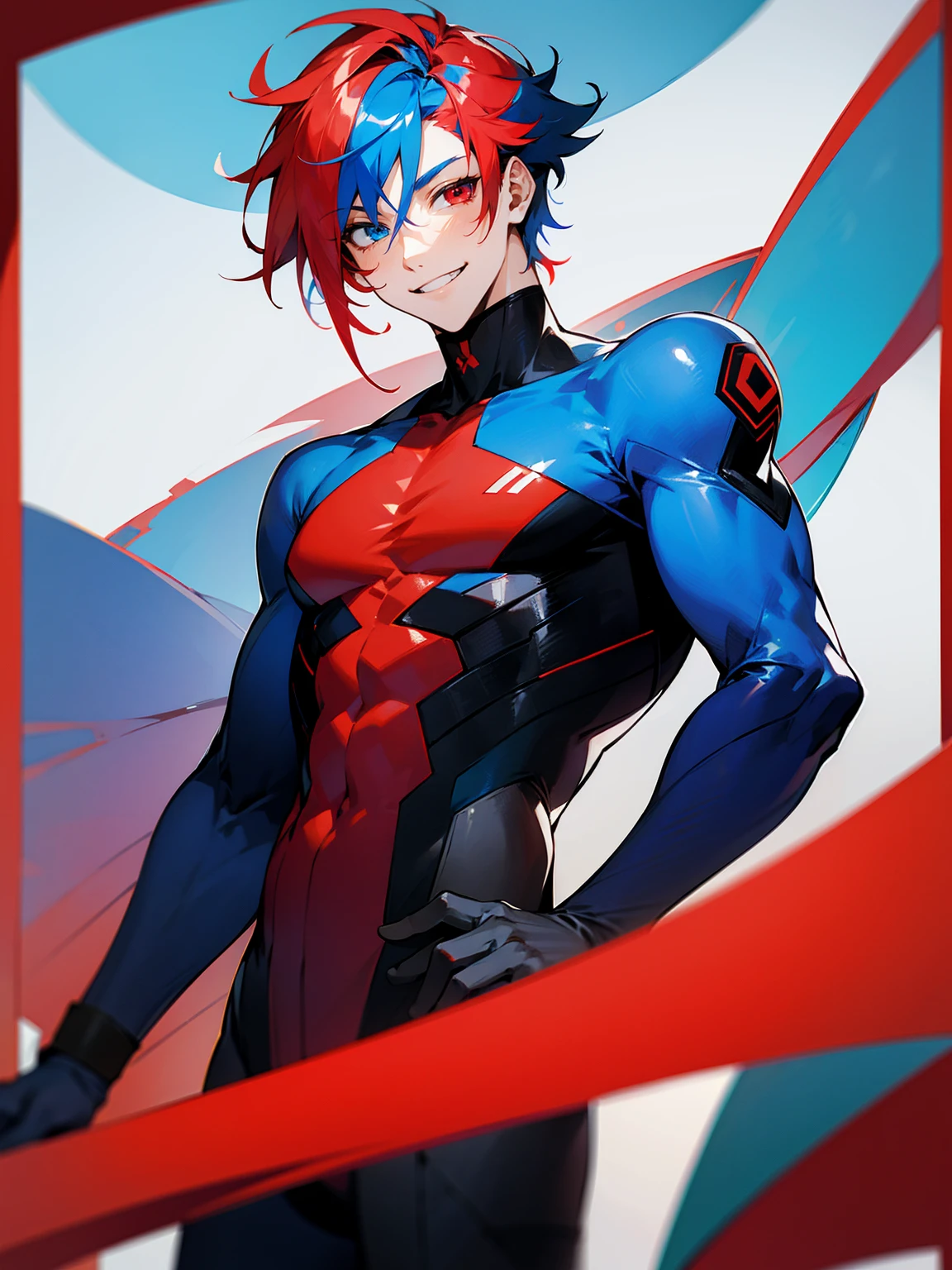 1male, adult, red and blue hair, two toned hair, half red half blue super suit, smile, lean build, heterochromia