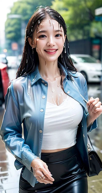 (a gorgeous korean lady, 28yo, kind smile, dimpled cheeks, tall & healthy figure, slender abs, korean bob hair, ample bosom, wet white button-up long shirt, pencil skirt, unique fashion, walking in open shirt show, street, drenched body, highly detailed face and skin texture, detailed eyes, double eyelid, bokeh, (best quality,8k,masterpiece:1.3), sharp focus:1.2, (wet:1.4,rain:1.2,street:1.4)) 