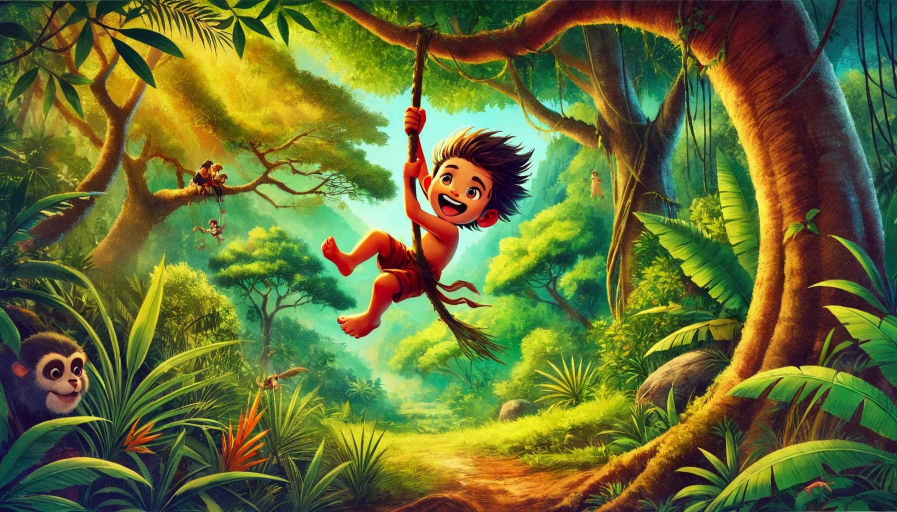 Painting of a boy hanging from a tree in the jungle, In the cinematic style of Crude, Art Station Children's Art, In the jungle forest, Jumping from the Babaobu Tree, Adorable digital painting, 森のIn the Jungle, In the jungle forest, In the Jungle, Swinging from vines across the canyon, jungles in the background, Children's book illustrations