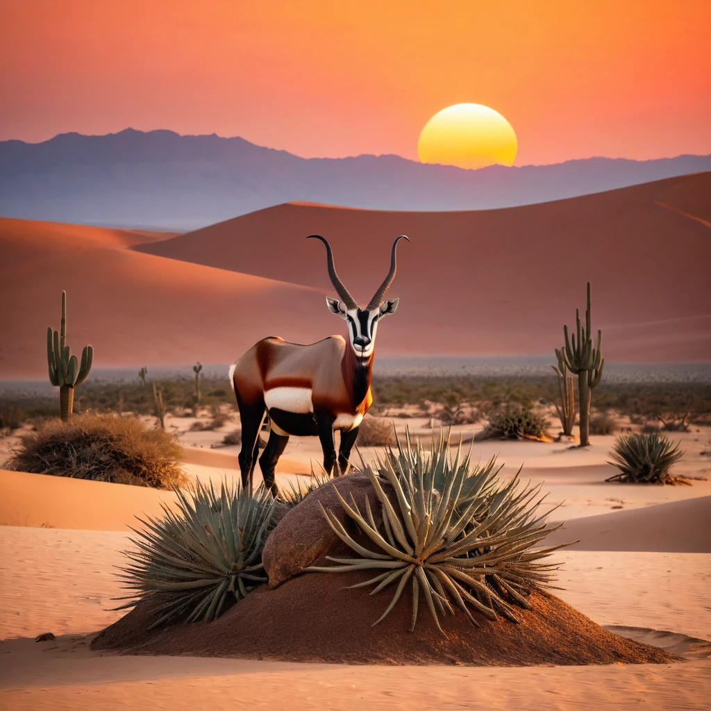 A stunning photograph of an oryx standing majestically on a rock in the vast desert. The sun is setting in the background, creating a massive circle of vibrant oranges and reds. The desert landscape is dotted with cacti and sand dunes, and the horizon is illuminated by the golden hues of the sunset. The overall atmosphere of the image is serene and awe-inspiring., photo