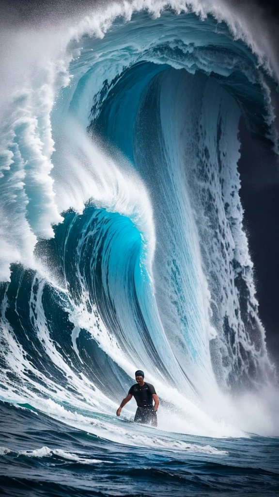 An arabic man with white clothes swimming in middle a sea. Storm everywhere. Dark sky. Big waves.