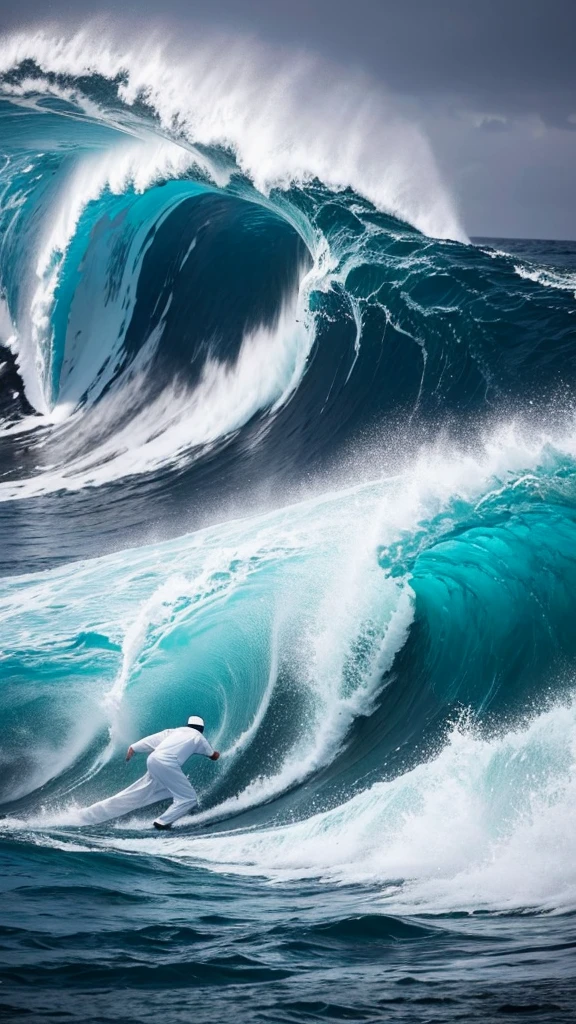 An arabic man with white clothes swimming in middle a sea. Storm everywhere. Dark sky. Big waves.