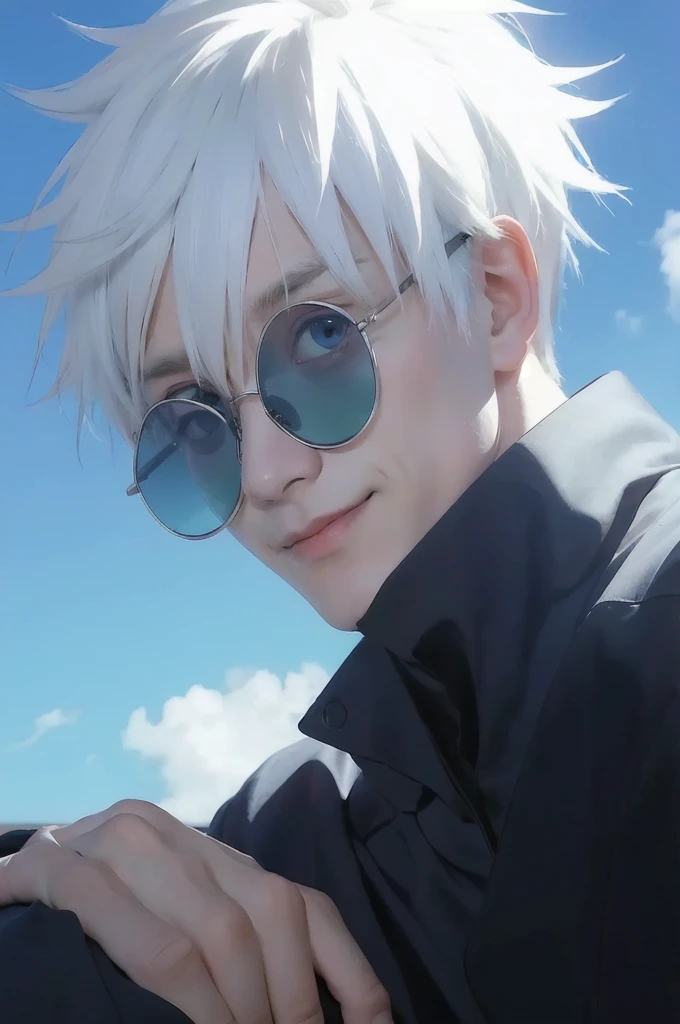 anime guy with white hair and sunglasses smiling at the camera, Satoru Gojo Jujutsu Kaisen, Satoru Gojo white hair, 2 d realistic style, white haired, best realistic 4k Satoru Gojo wallpaper, tall anime guy with blue eyes, white-haired, Satoru Gojo, Satoru Gojo portrait