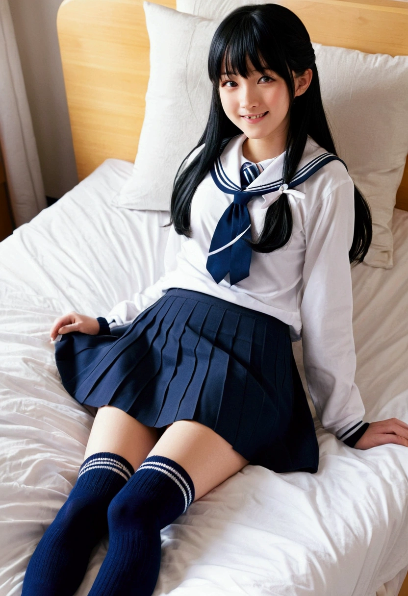 {Highest quality], [so beautiful], [Ultra-fine], [Best illustrations], Browsing Caution,Black Hair, Hime cut, Long Hair, With bangs, girl,high school student,uniform,knit,skirt,smile, blush, Slender women, Adult female,(public),,diagonal, Navy blue knee socks, Lying in bed, 