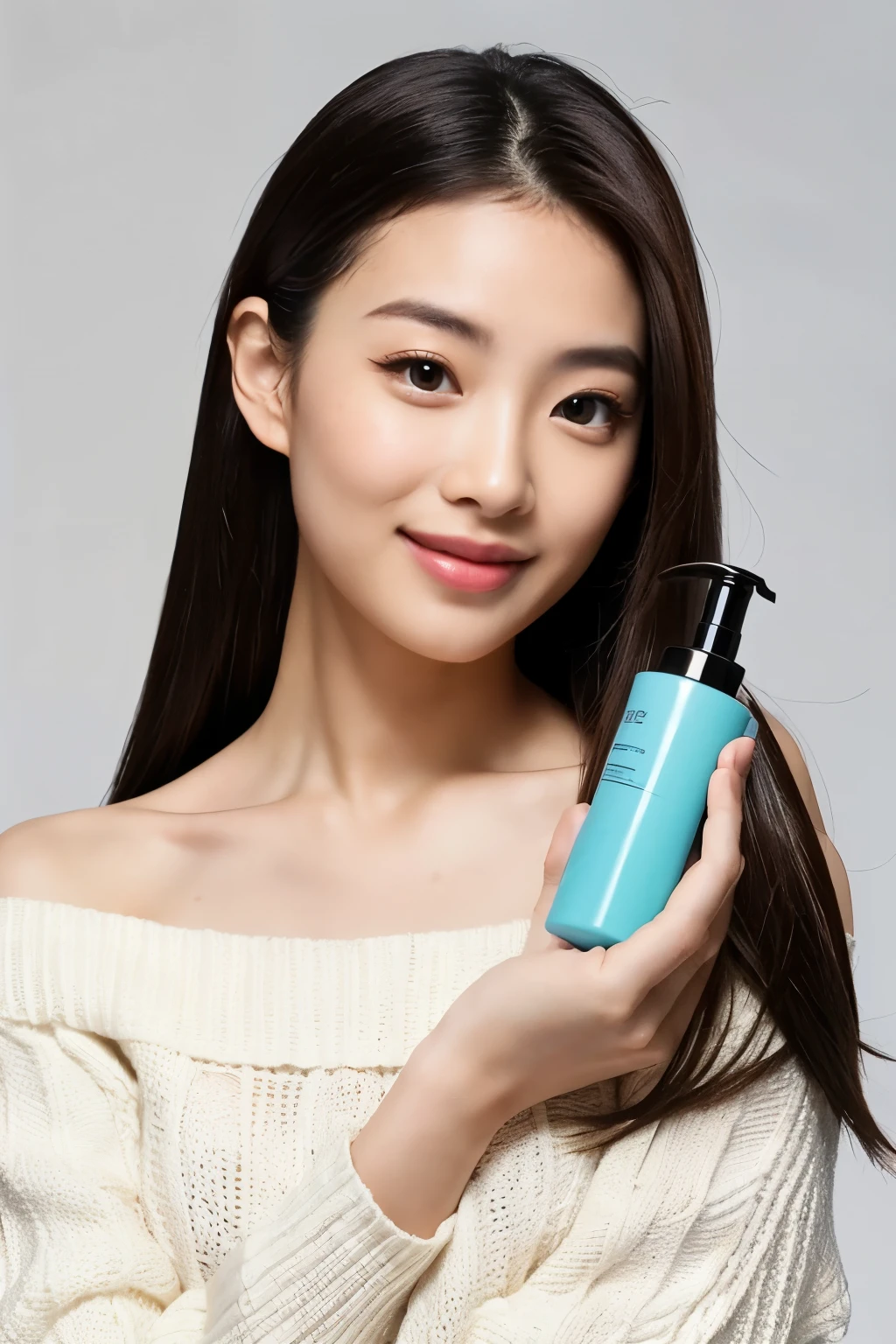 ((best quality)), ((masterpiece)), (detailed), 1girl, off-shoulder sweater, A beautiful Asian woman hair a long holds a sleek white bottle of ZAHA Iris Shampoo with a radiant smile, showcasing the premium hair care solution. The bottle features a modern cylindrical design with a pump dispenser, wrapped with the ZAHA branding that emphasizes prevention of hair loss and promotion of healthy, vibrant hair. The label stands out against the clean, elegant white of the bottle, making it a perfect addition to your hair care routine