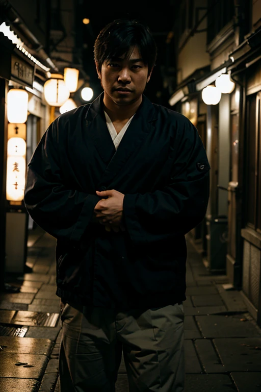 Huging Japanese bulky male, Full Frame, Professional Lighting, dark street background