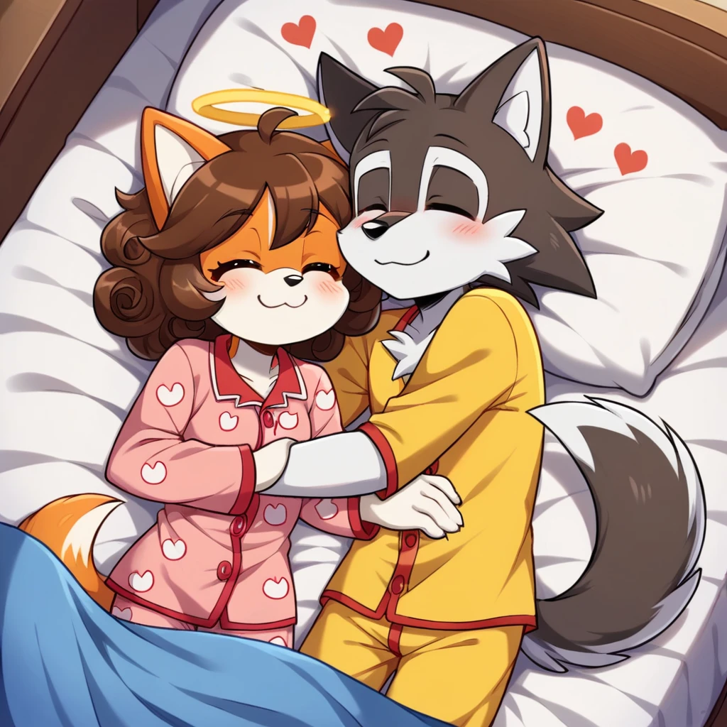 score_9, score_8_up, mobian, female,  hedgehog, two-tone fur ((orange fur, brown fur)), pyjamas, two-tone hair (brown hair, black tip)), curly hair, halo, red eyes, longeyelashes, red eyes, smile, shy, blush, laying in bed, sleeping, hearts, under blankets, smile, mouth closed, closed eyes,  female/male, mobian, anthro wolf, wolf tail, (((white body fur)))+++, (brown hair 0.9), brown eyes, Wearing Pajamas, cute, closed eyes,  laying in bed,  hearts