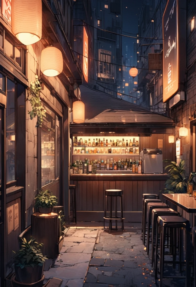 a night bar outside, in the corner of a city
