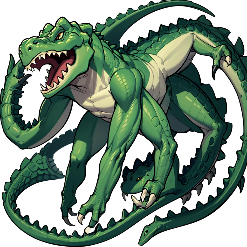 (((Solo)))、(Full body character concept)、8k、Best illustrations、Best Quality((((No humans)))), reptiles,, green body, Crocodile human, Muscular,、Combat Stance、(Crocodile scales)、From above at an angle、(White background)