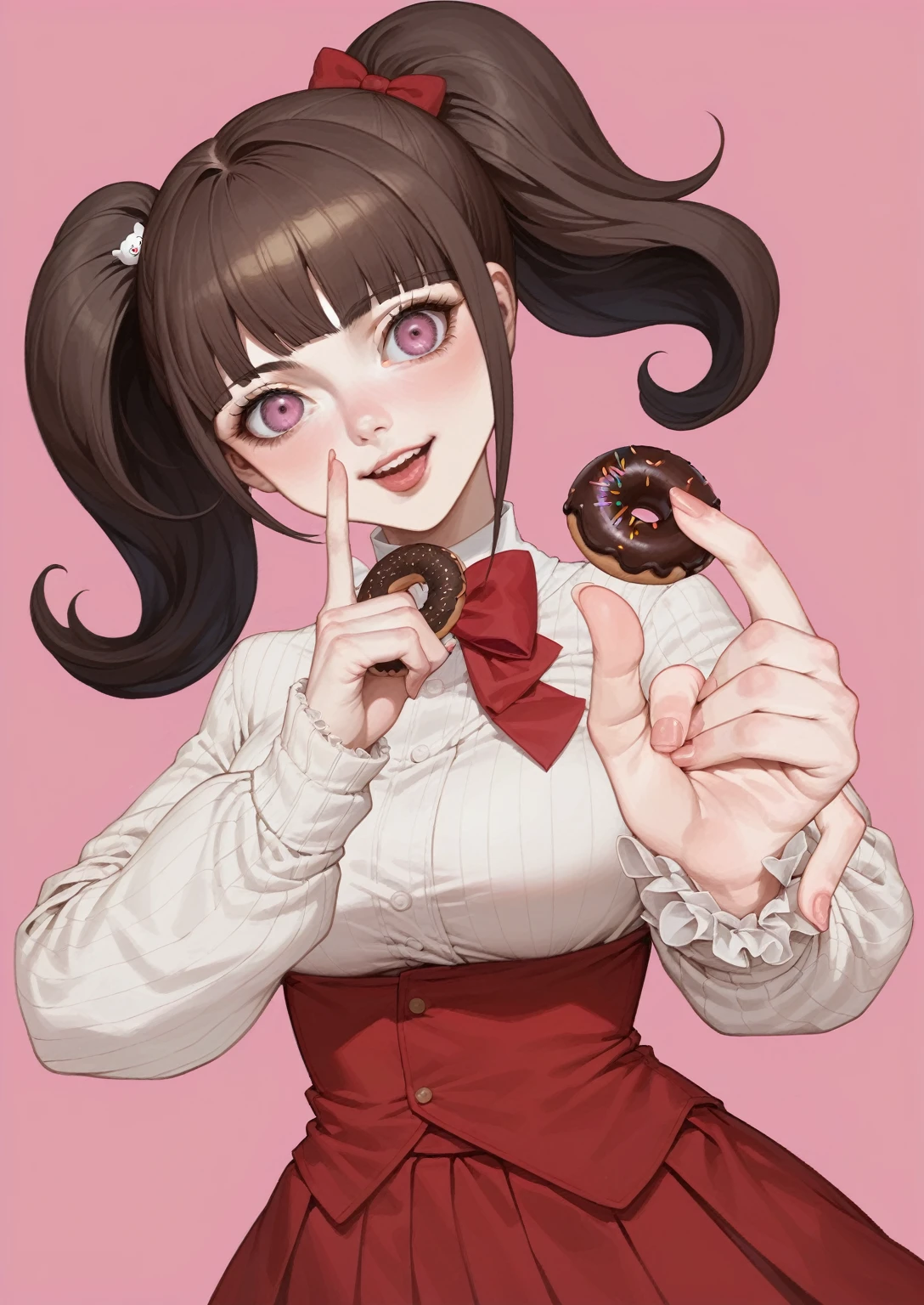 anime girl with a red bow tie holding a chocolate donut, akane owari danganronpa, chiaki nanami from danganronpa, , marin kitagawa fanart, kawaii realistic portrait, digital art from danganronpa, junko enoshima from danganronpa, juri misaki, cute anime girl, junko enoshima