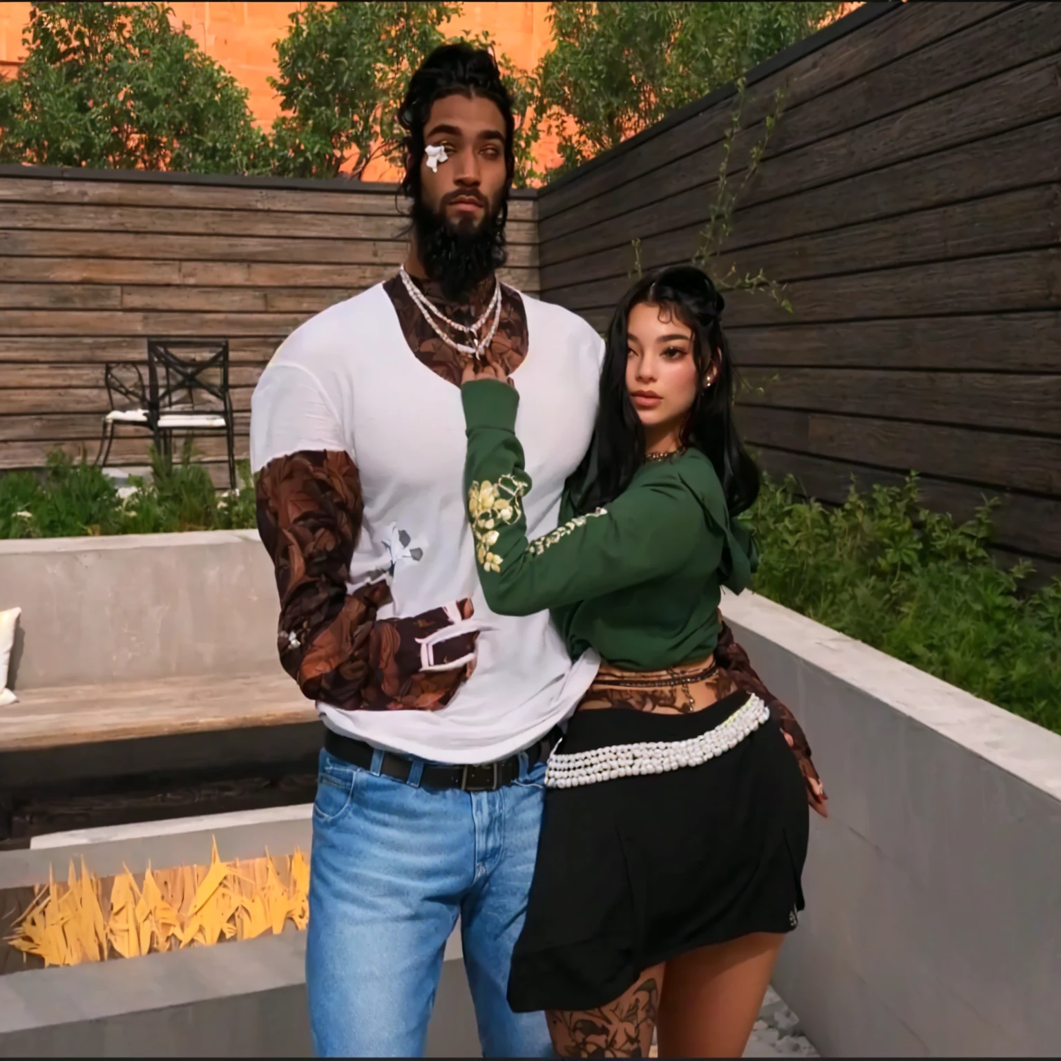 il y a un homme et une femme debout l’un à côté de l’autre, pose de couple, charli bowater et artgeem, ( ( peau sombre ) ), musclé et imposant, Avatar de seconde vie, un mouton, Vignette lourde!, & jeehyung lee & Oups, aspect lourd, selfie, 🤬 🤮 💕 🎀, posant for a fight intricate, posant!!