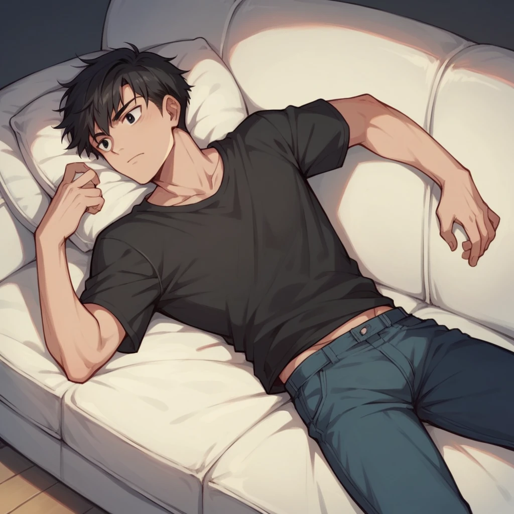 Strong Japanese boy , Black short hair, black eyes, Resolute expression, With black casual wear, Lying sideways on white sofa
