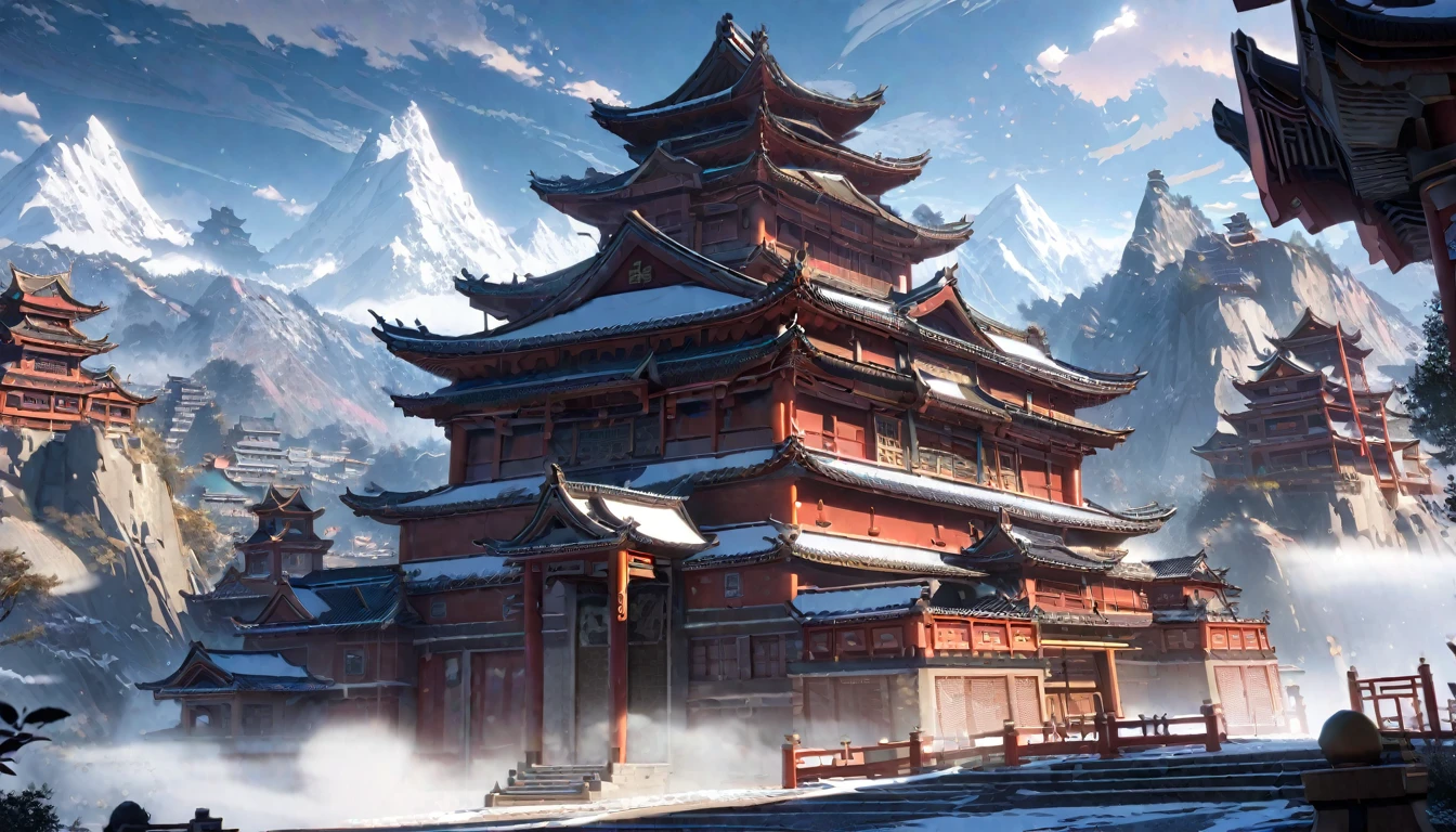  anime aestetics, anime landscape, view from the feet of the mountain, huge chinese sanctuary at the mountain, mountain covered in buildings, red walls. spiky roofs, ancient chinese architecture, transparent fog, big clouds, snowy mountaintops, mystic atmosphere, calm atmosphere, beautiful architecture, wide shot, atmospheric perspective, perspective, from below, 4K, 8k, best quality, award winning, super detail, masterpiece, UHD