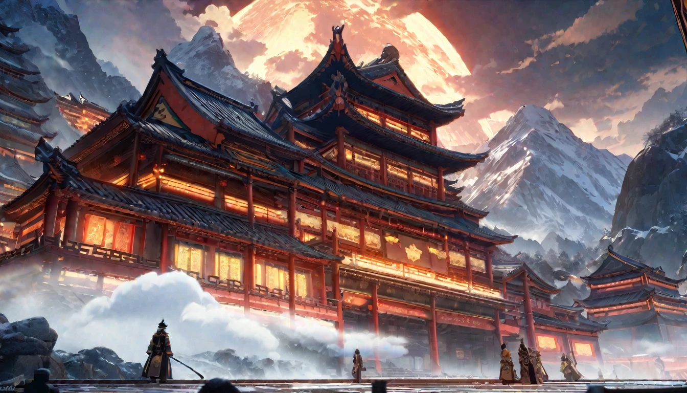  anime aestetics, anime landscape, view from the feet of the mountain, huge chinese sanctuary at the mountain, mountain covered in buildings, red walls. spiky roofs, ancient chinese architecture, transparent fog, big clouds, snowy mountaintops, mystic atmosphere, calm atmosphere, beautiful architecture, wide shot, atmospheric perspective, perspective, from below, 4K, 8k, best quality, award winning, super detail, masterpiece, UHD