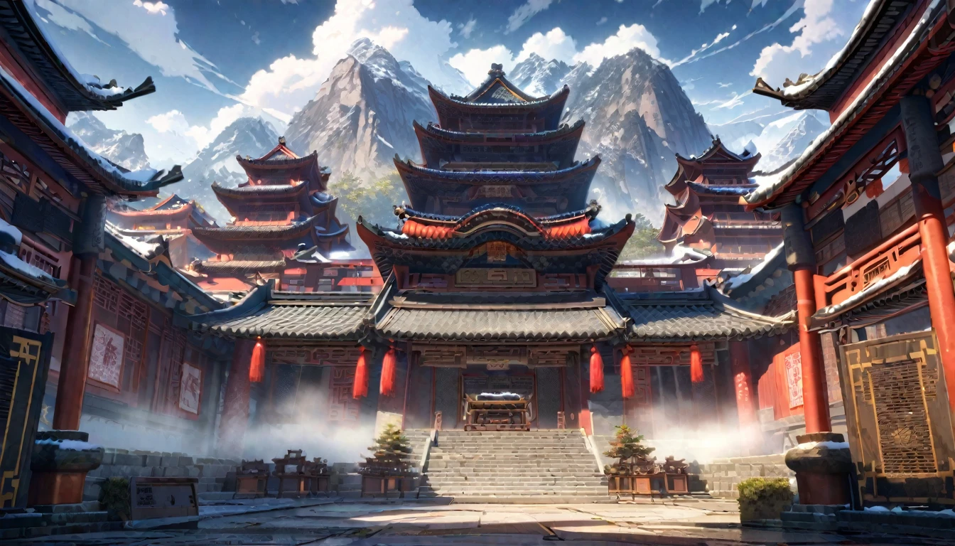 anime aestetics, anime landscape, view from the feet of the mountain, huge chinese sanctuary at the mountain, mountain covered in buildings, red walls. spiky roofs, ancient chinese architecture, transparent fog, big clouds, snowy mountaintops, mystic atmosphere, calm atmosphere, beautiful architecture, wide shot, atmospheric perspective, perspective, from below, 4K, 8k, best quality, award winning, super detail, masterpiece, UHD