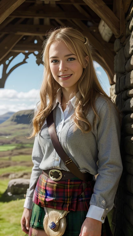 Front view, (looking at viewer:1.3),  Full-body, Scottish girl, 18 years-old, (blond hair , blew eye,  middle hair, smile ),A beautiful Scottish woman wearing traditional Highland dress, including a tartan kilt and accessories like a sporran and sash, standing in a picturesque Scottish landscape. The scene should highlight the elegance and cultural richness of Scottish heritage,super detail, high details, high quality, accurate, anatomically correct, textured skin, beautiful fingers super detail, high details, high quality, best quality