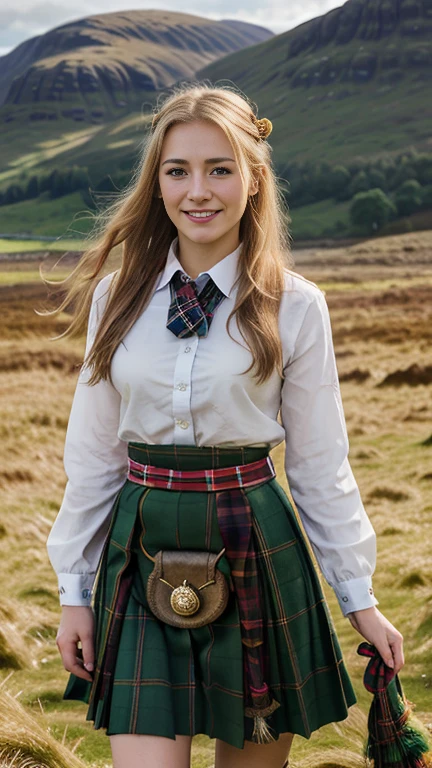 Front view, (looking at viewer:1.3), Full-body, Scottish girl, 18 years-old, (blond hair , blew eye, middle hair, smile ),A beautiful Scottish woman wearing traditional Highland dress, including a tartan kilt and accessories like a sporran and sash, standing in a picturesque Scottish landscape. The scene should highlight the elegance and cultural richness of Scottish heritage,super detail, high details, high quality, accurate, anatomically correct, textured skin, beautiful fingers super detail, high details, high quality, best quality