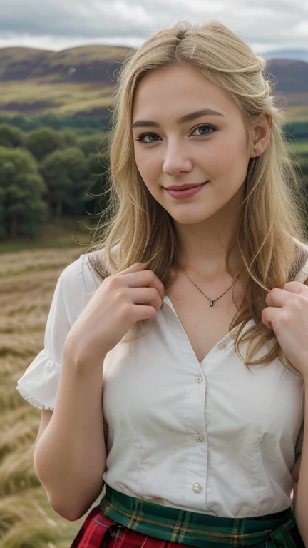 Front view, (looking at viewer:1.3), Full-body, Scottish girl, 18 years-old, (blond hair , blew eye, middle hair, smile ),A beautiful Scottish woman wearing traditional Highland dress, including a tartan kilt and accessories like a sporran and sash, standing in a picturesque Scottish landscape. The scene should highlight the elegance and cultural richness of Scottish heritage,super detail, high details, high quality, accurate, anatomically correct, textured skin, beautiful fingers super detail, high details, high quality, best quality