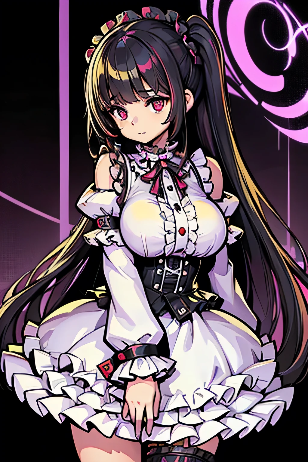 A beautiful young girl with a huge bust, messy black hair and long locks, looking sickly, wearing a white frilled blouse and a black frilled skirt, looking directly at the viewer, cyberpunk, cyborg