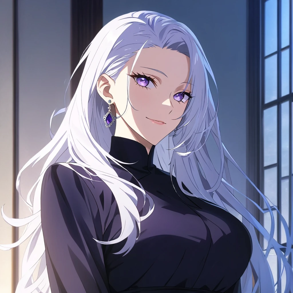 1girl, female gojo satoru, anime screencap from jujutsu kaisen, gojo satoru female version, solo, long_hair, ((purple eyes)) ((White_hair, hair over ear from one side))((slicked hair)) , night view, (hanging breasts) upper_body, smile, indoors, book, lips, (long hair) ((wearing black colour outfit, glossy)) breast, "very detailed and high resolution" (purple eyes) ((solo)) (((front view))) (earings) ((high resolution)) ((good quality)) ((silky hair, hair over ear from one side))((hair slicked)) ((shy))