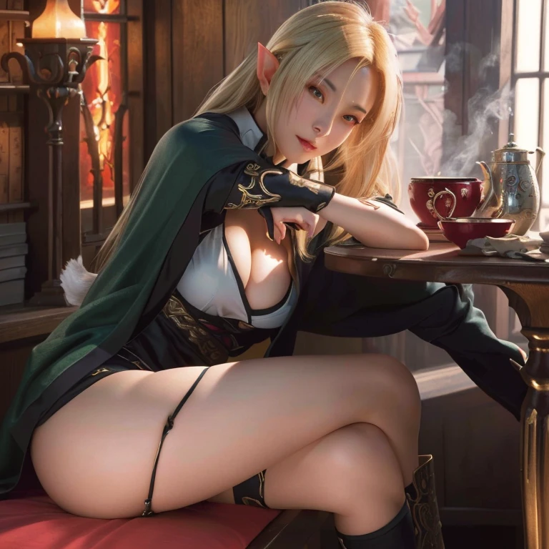 a close up of a woman sitting at a table with a cup of tea, tsunade from naruto, seductive girl, beautiful alluring woman, extremely detailed artgerm, v from devil may cry as an elf, ruan jia and artgerm, by Yang J, the girl is crouching, style artgerm