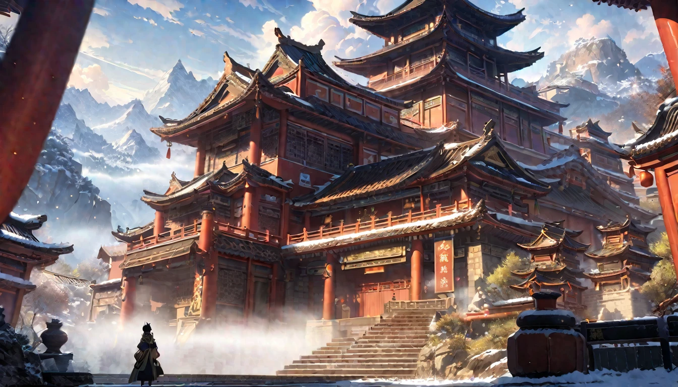  anime aestetics, anime landscape, view from the feet of the mountain, huge chinese sanctuary at the mountain, mountain covered in buildings, red walls. spiky roofs, ancient chinese architecture, transparent fog, big clouds, snowy mountaintops, mystic atmosphere, calm atmosphere, beautiful architecture, wide shot, atmospheric perspective, perspective, from below, 4K, 8k, best quality, award winning, super detail, masterpiece, UHD