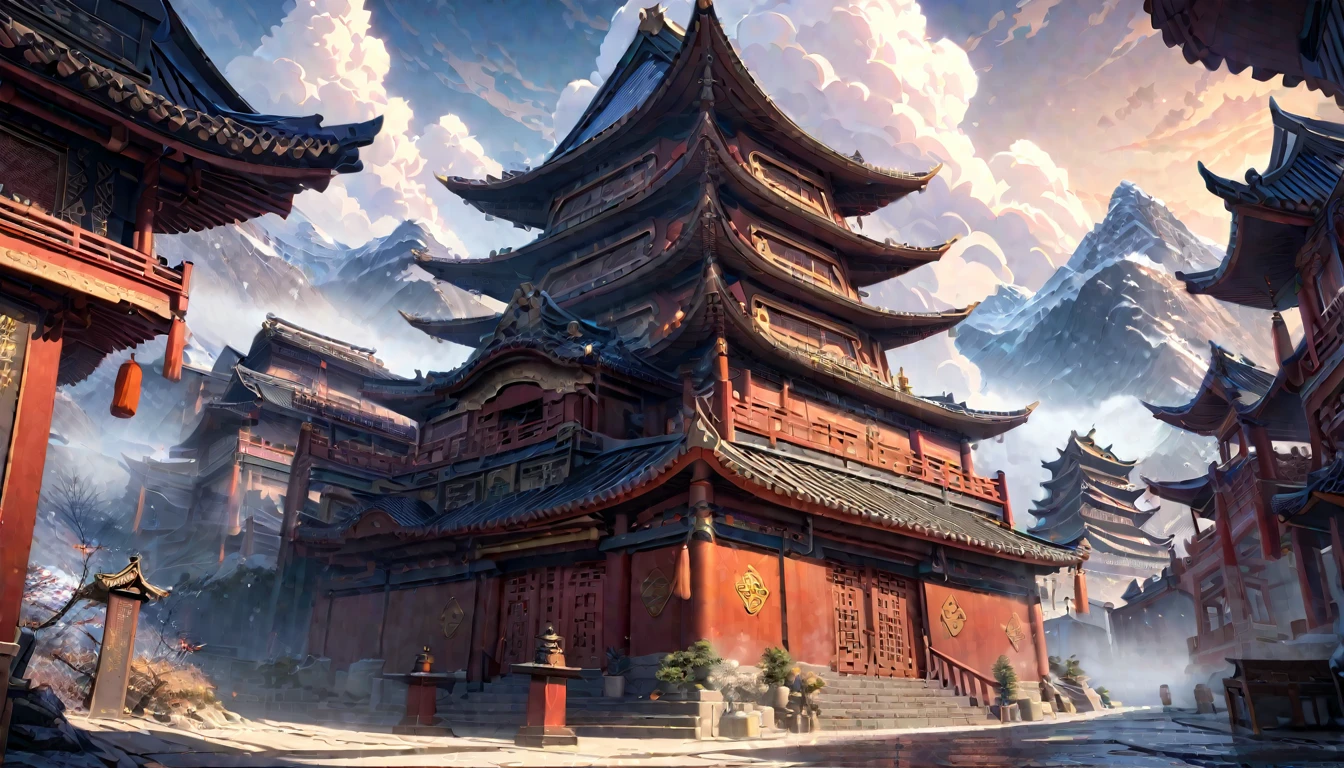  anime aestetics, anime landscape, view from the feet of the mountain, huge chinese sanctuary at the mountain, mountain covered in buildings, red walls. spiky roofs, ancient chinese architecture, transparent fog, big clouds, snowy mountaintops, mystic atmosphere, calm atmosphere, beautiful architecture, wide shot, atmospheric perspective, perspective, from below, 4K, 8k, best quality, award winning, super detail, masterpiece, UHD